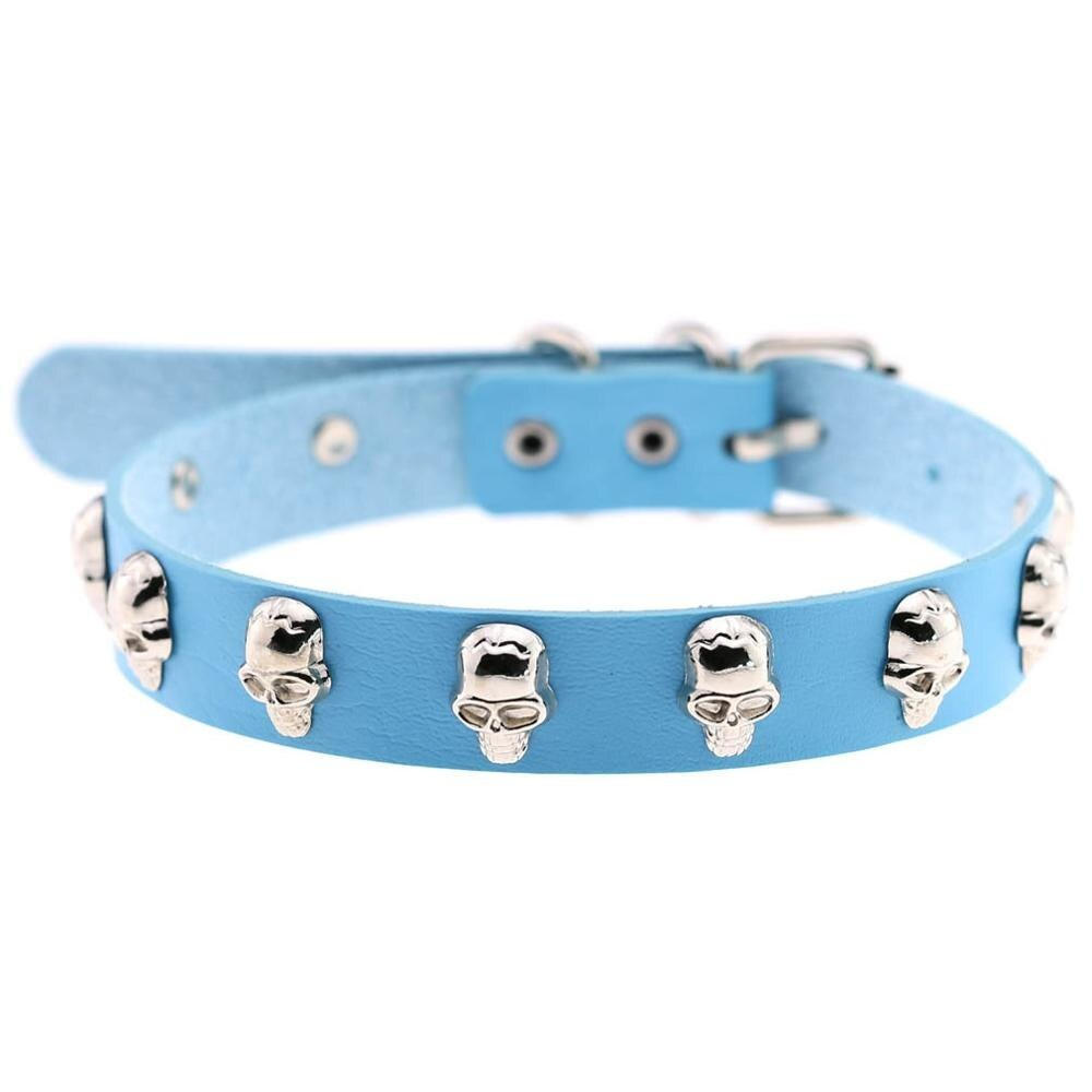 Gothic blue leather choker with zinc alloy skull studs, perfect for alternative fashion and edgy outfits.