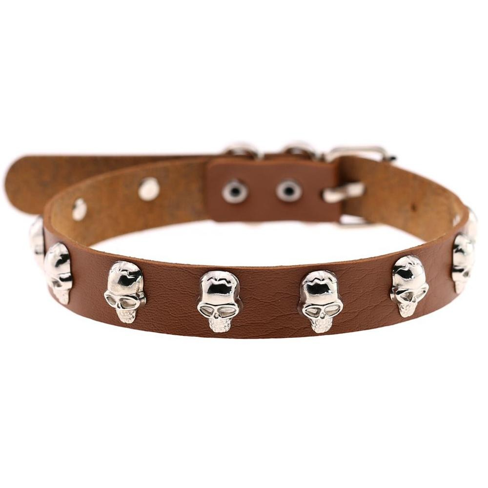 Gothic leather choker collar with zinc alloy skulls, perfect for alternative fashion styles.