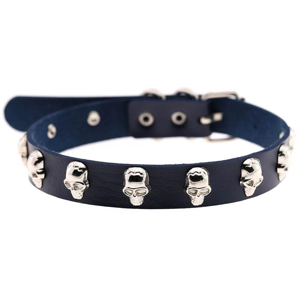 Gothic leather choker collar for women featuring zinc alloy skulls for stylish alternative fashion.