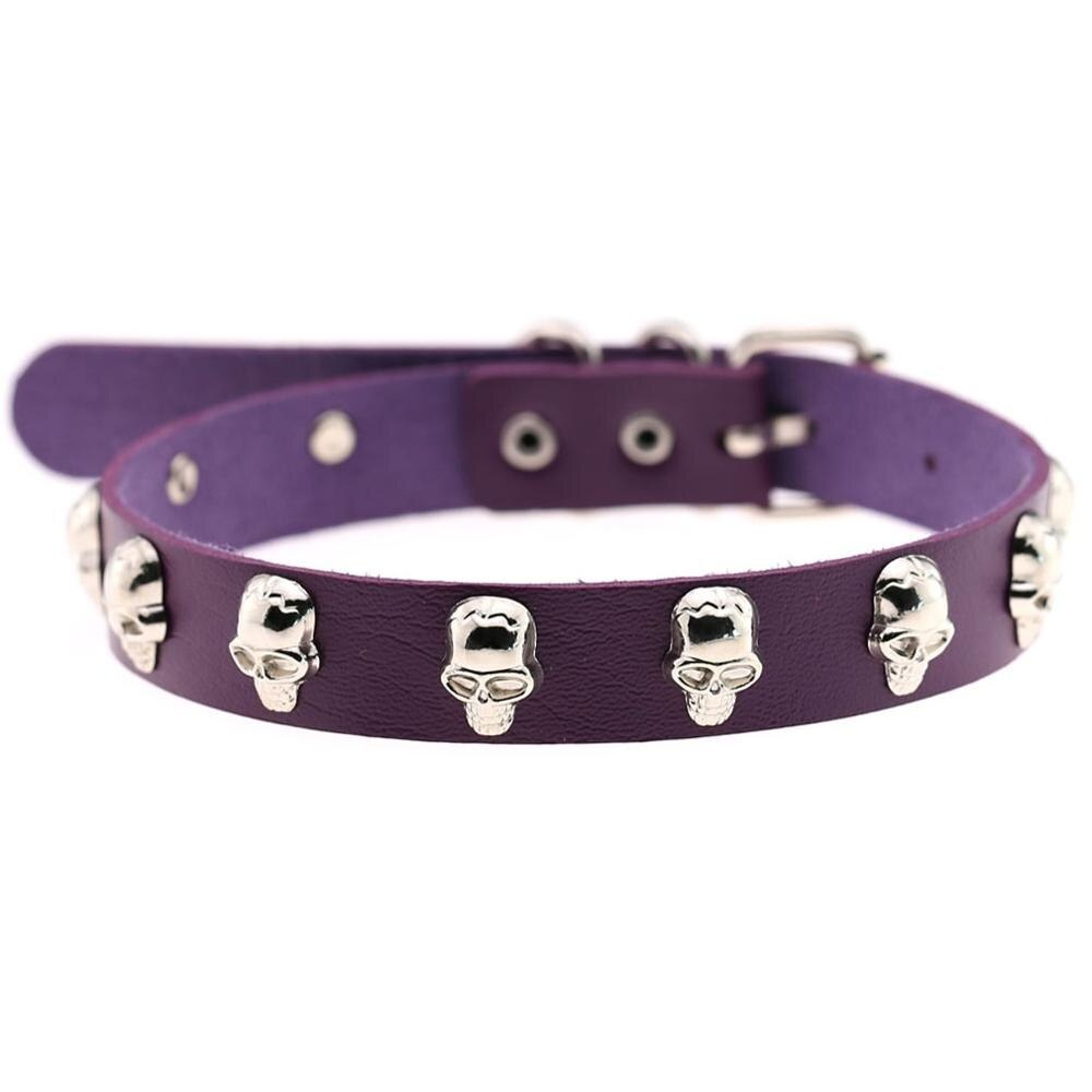 Gothic purple leather choker with zinc alloy skull studs for women, perfect for alternative fashion styles.