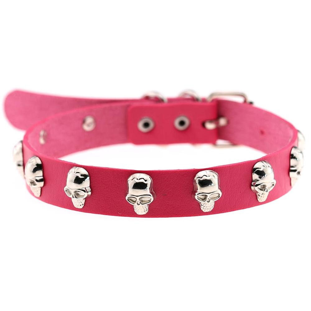 Gothic pink leather choker with zinc alloy skull accents for women, perfect for alternative fashion styles.