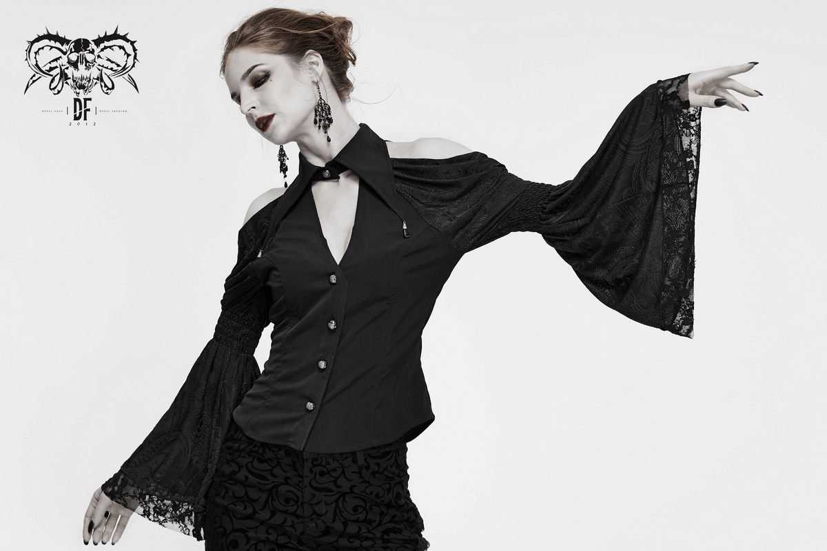 Gothic Off-Shoulder Blouse for Women / Black Shirts with Long Sleeves Flared At the Cuffs - HARD'N'HEAVY