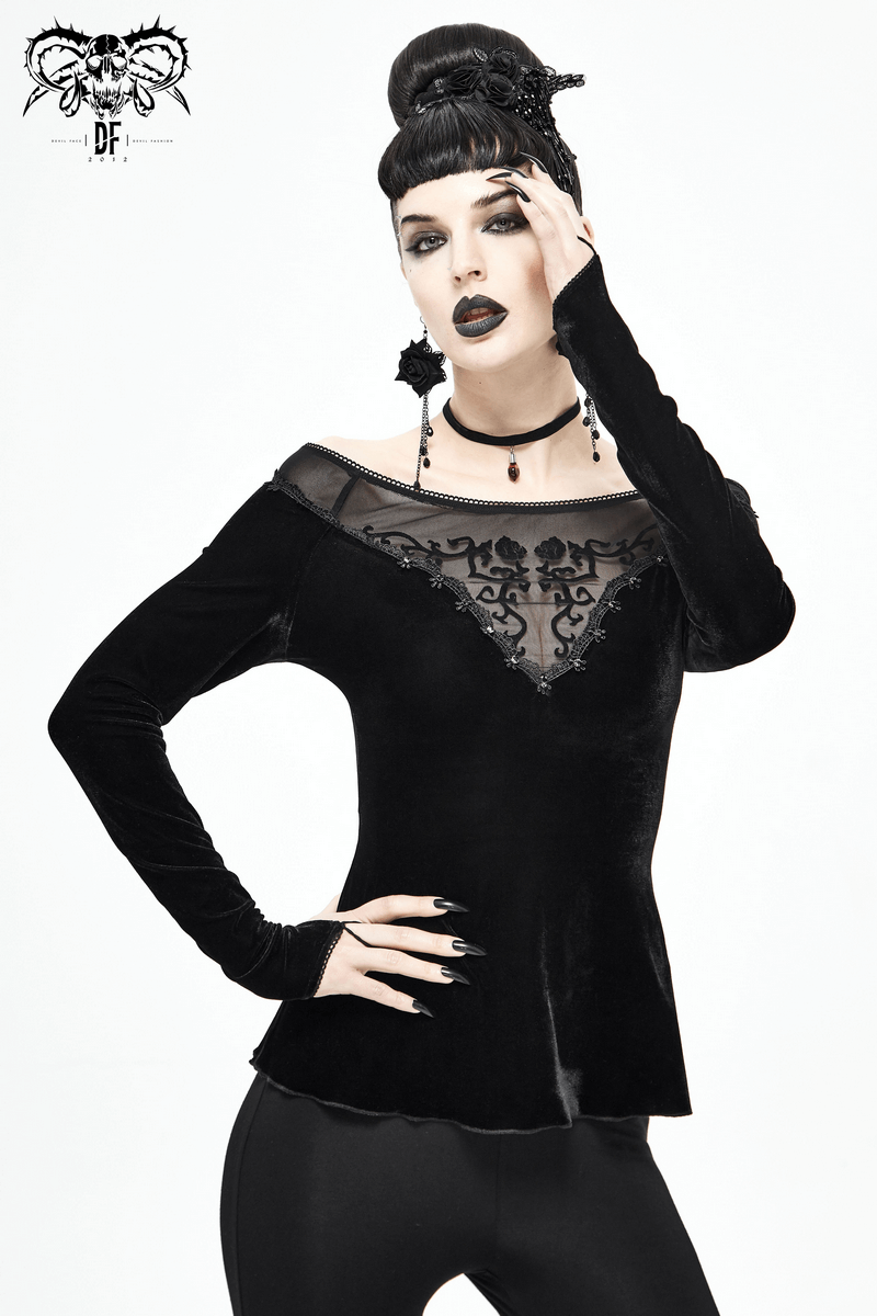 Gothic Off Shoulder Floral Embroidered Top / Women's Long Sleeve Velvet Top - HARD'N'HEAVY