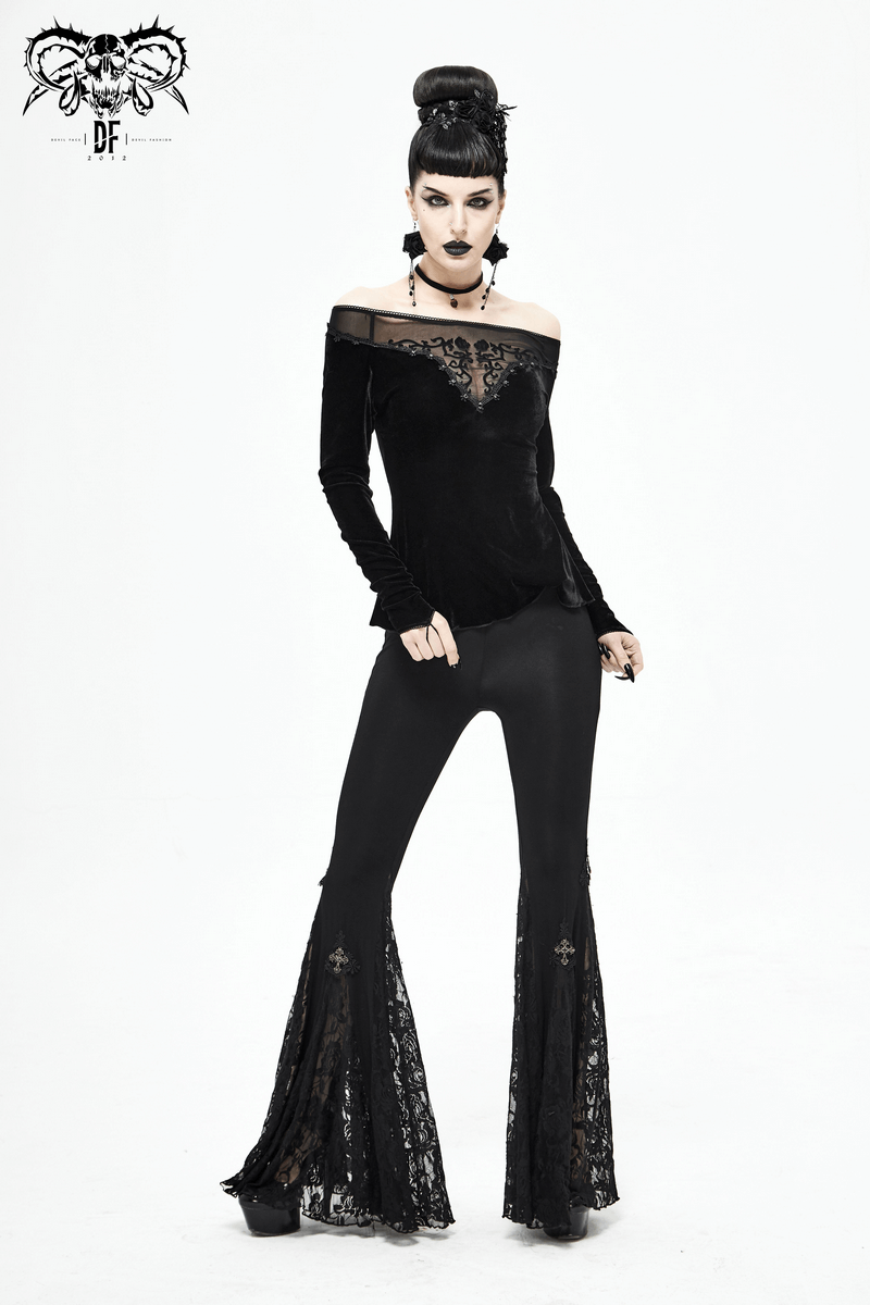 Gothic Off Shoulder Floral Embroidered Top / Women's Long Sleeve Velvet Top - HARD'N'HEAVY