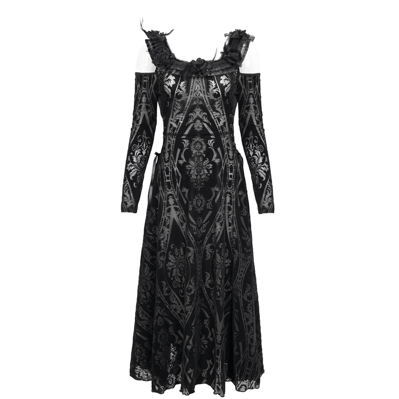 Gothic off-shoulder semi-transparent dress with ruffle details and a striking pattern for a sultry, elegant look.