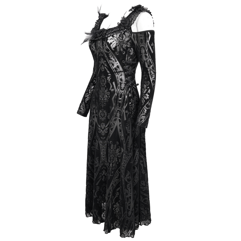 Gothic off-shoulder semi-transparent women's dress with ruffles and intricate pattern, perfect for a daring night out.
