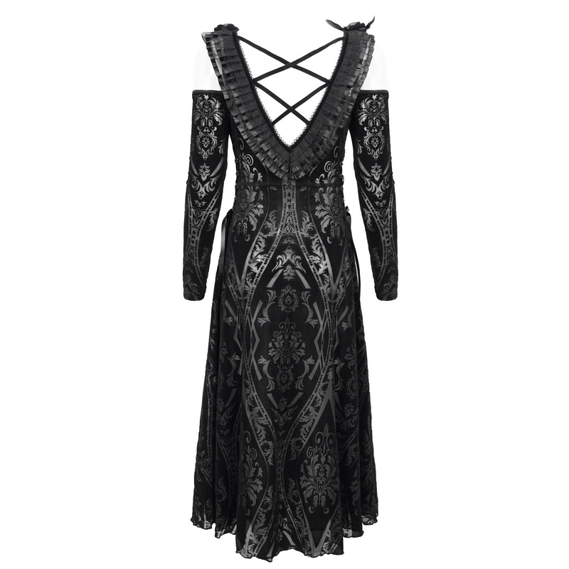 Elegant Gothic off-shoulder semi-transparent dress with ruffled back and intricate pattern, perfect for a seductive look.