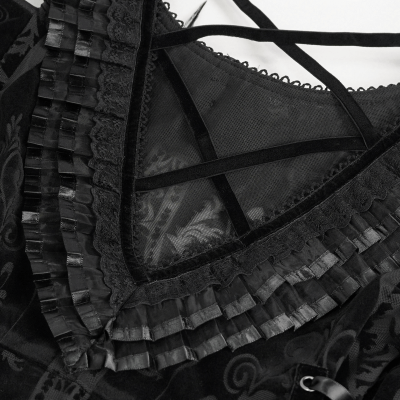 Detailed view of the ruffled neckline of a gothic off-shoulder semi-transparent women's dress, showcasing elegant lace and pattern.