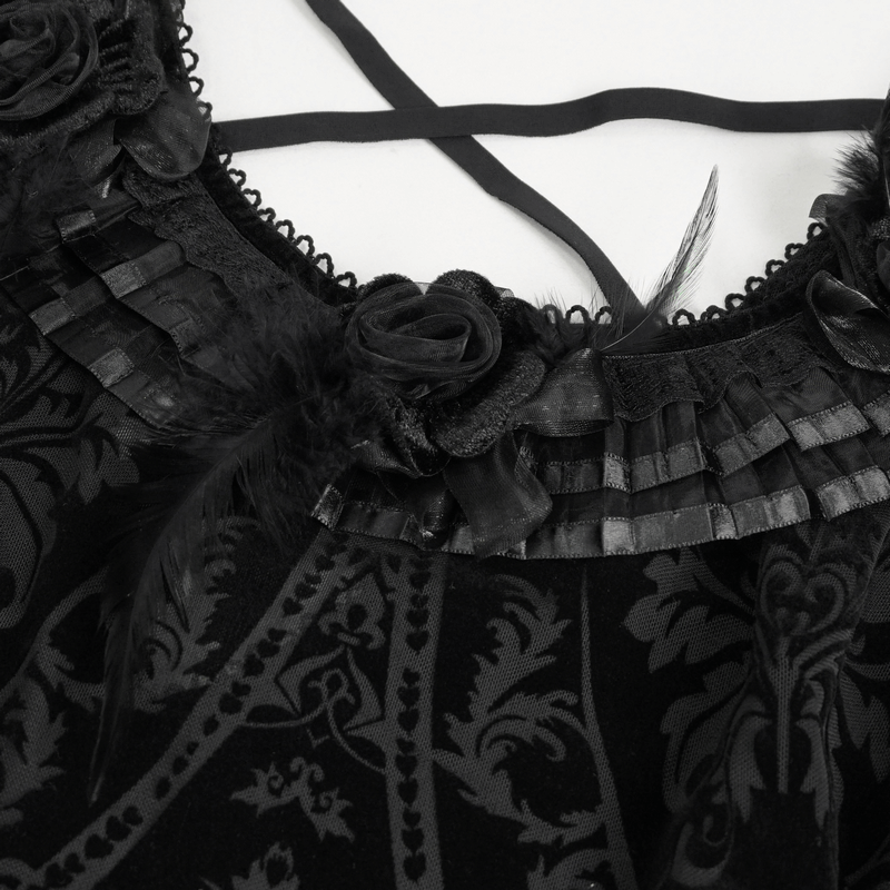 Close-up of the intricate neckline of a gothic off-shoulder semi-transparent dress, adorned with ruffles and roses.