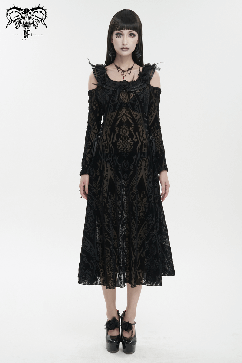 Gothic off-shoulder semi-transparent dress with ruffled pattern, perfect for a sultry, stylish look.