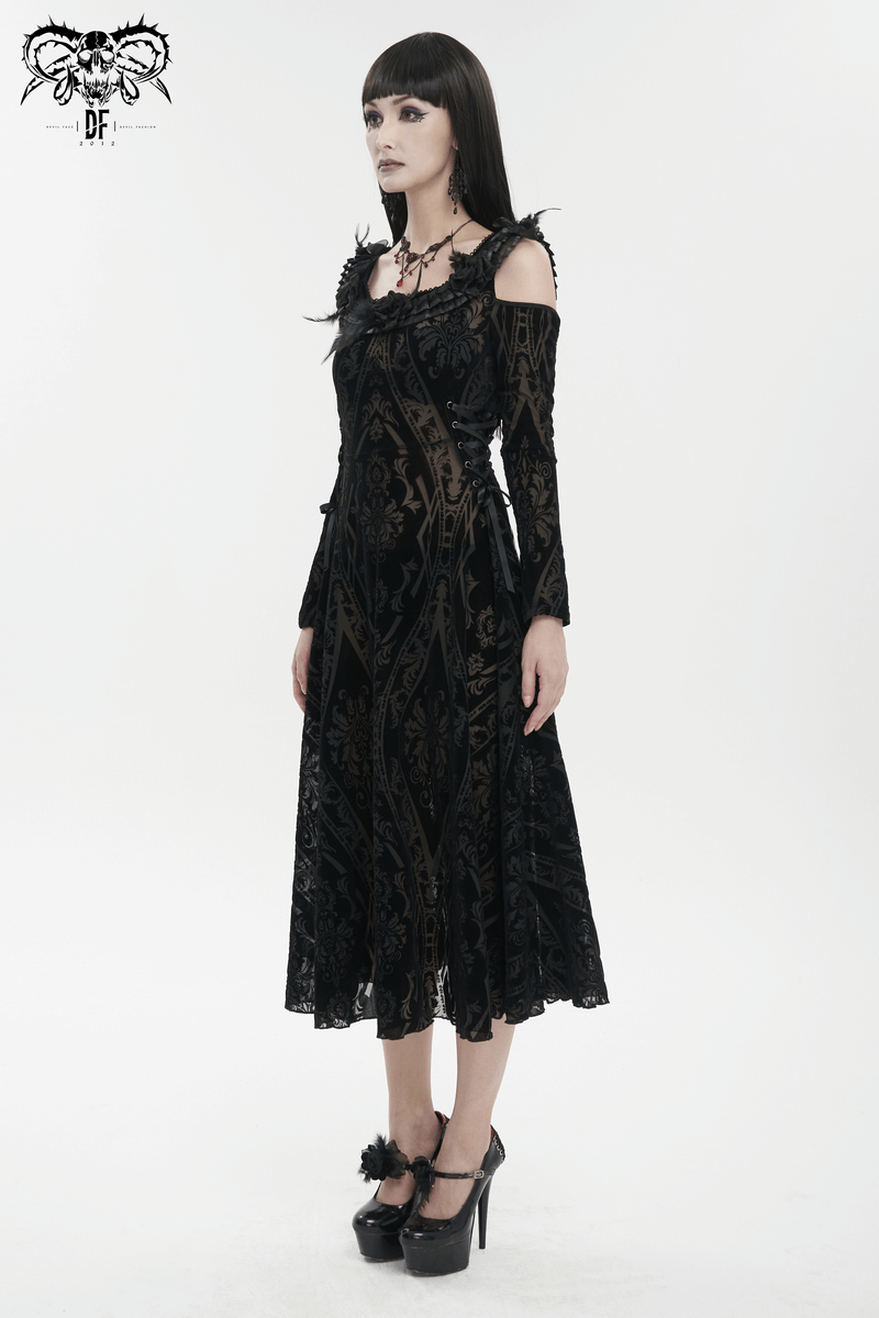 Gothic off-shoulder semi-transparent ruffled dress in black, featuring elegant patterns and a sultry design for women.
