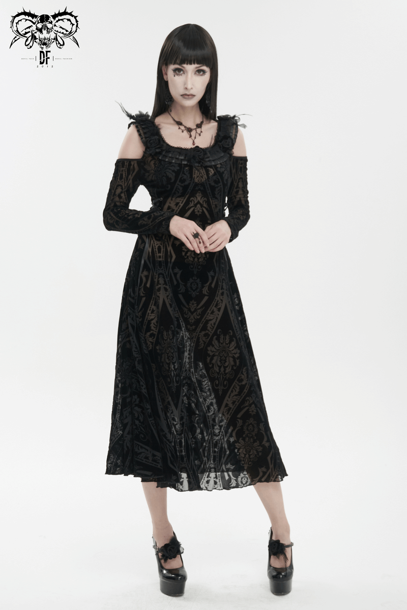 Gothic off-shoulder semi-transparent women's dress with ruffled details in black, perfect for a sultry, stylish look.