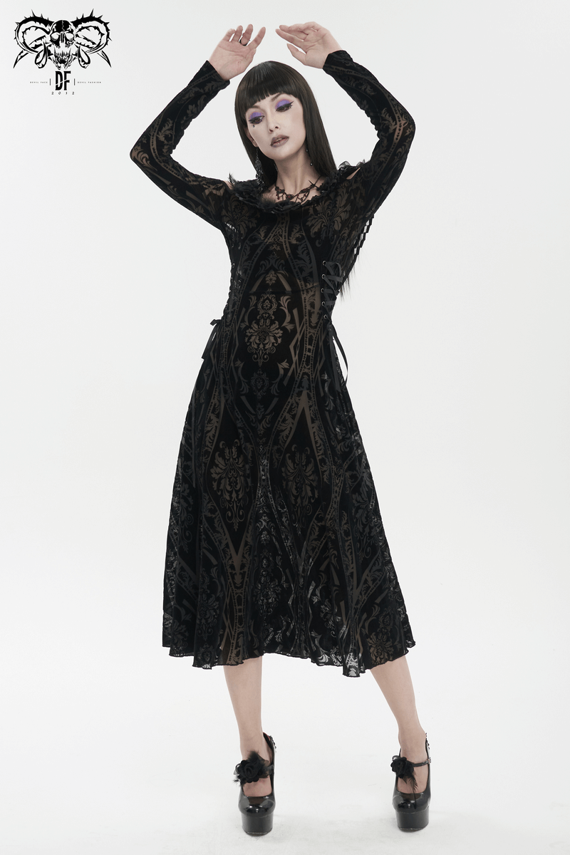Gothic off-shoulder semi-transparent women's dress with ruffles and distinctive pattern, perfect for a sultry look.
