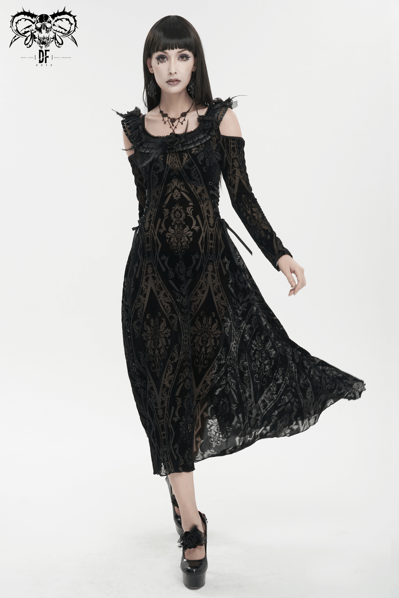 Gothic Off Shoulder Semi Transperent Dress / Women's Pattern Ruffled Dress - HARD'N'HEAVY
