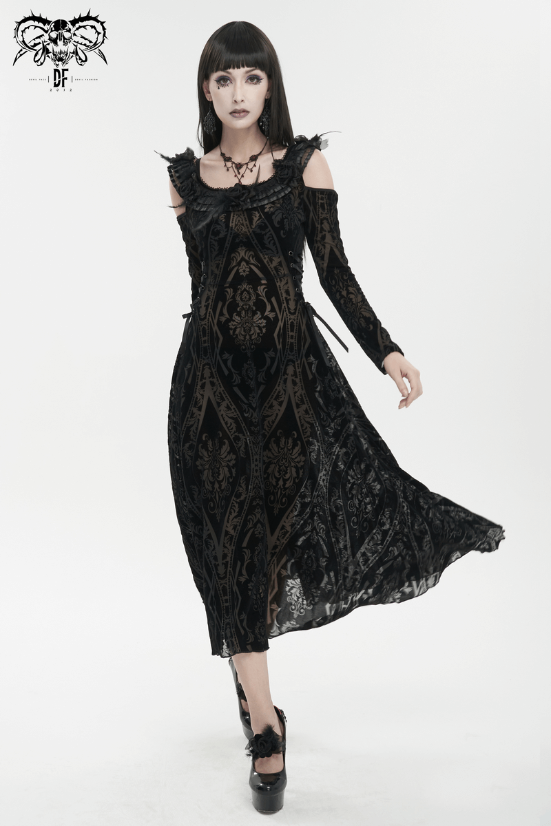 Gothic off-shoulder semi-transparent women's dress with ruffles and elegant pattern, perfect for a daring style.