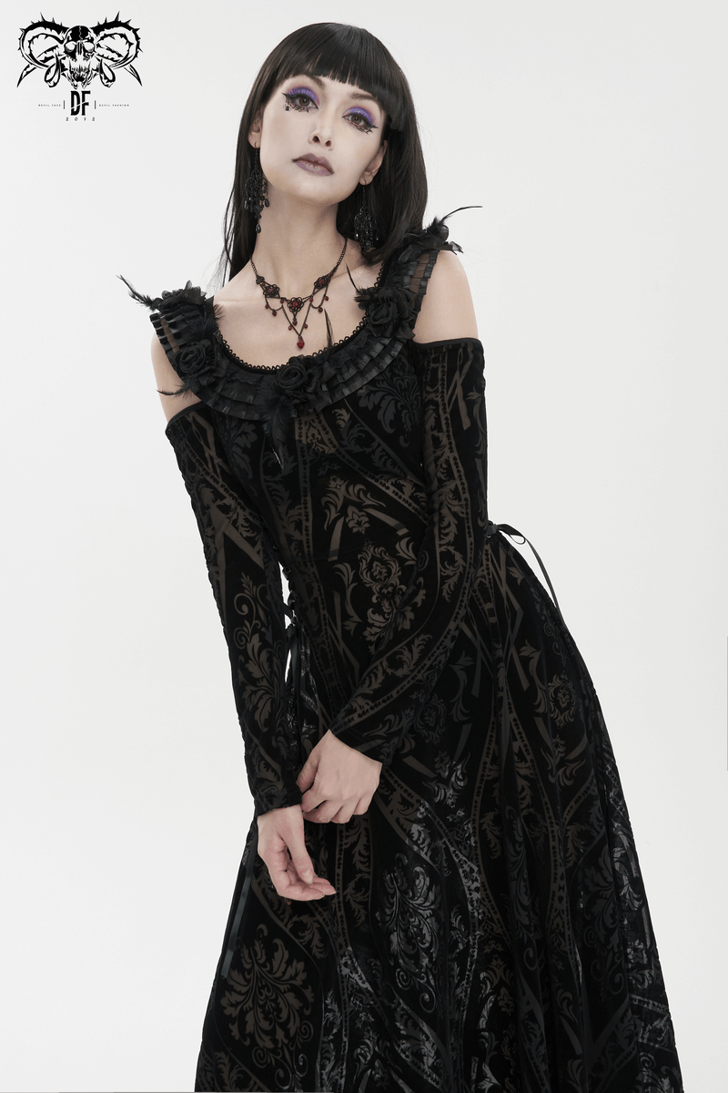 Gothic off-shoulder semi-transparent women's dress with ruffles, showcasing a striking black pattern.