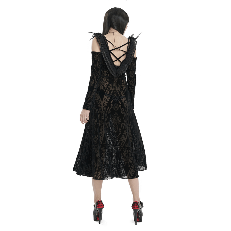 Back view of a gothic off-shoulder semi-transparent women's dress with ruffles and lace-up design.