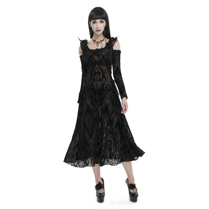 Gothic off-shoulder semi-transparent dress with ruffled details and elegant pattern, perfect for a bold fashion statement.