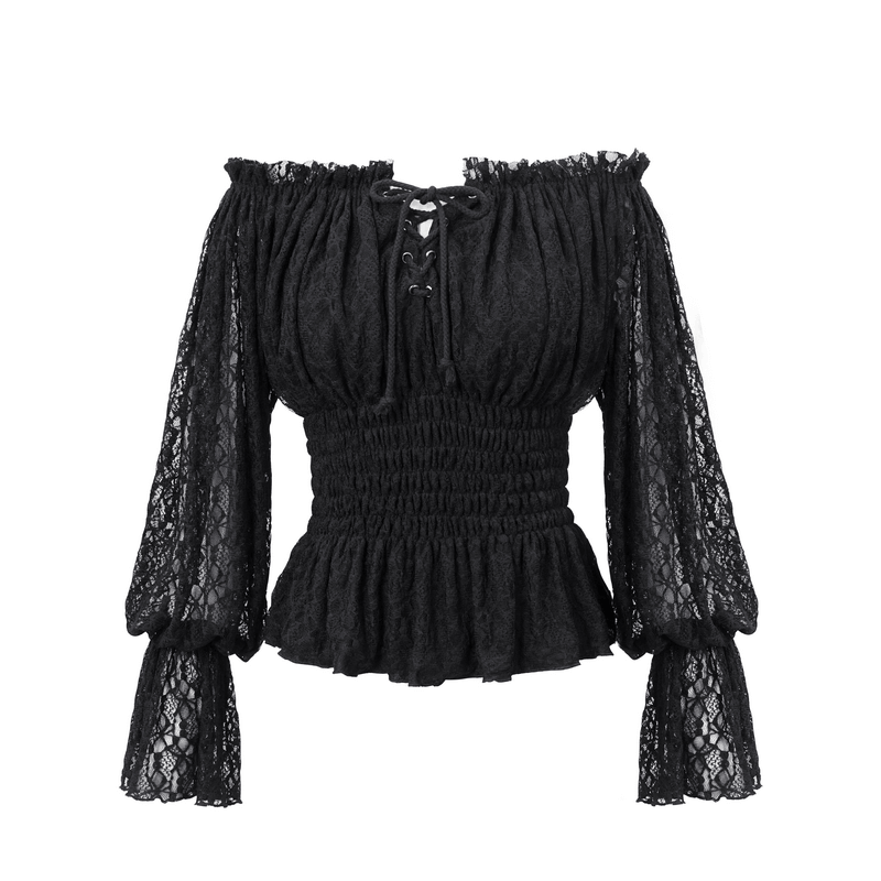 Gothic off-shoulder black lace top with strappy sleeves and smocked waist for women, perfect for vintage style lovers.