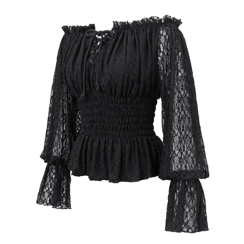 Gothic off-shoulder black lace top with strappy sleeves and elastic waist, perfect for vintage-inspired outfits.