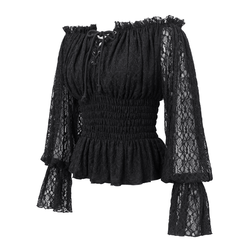 Gothic Off-shoulder Strappy Lace Sleeves Tops / Elastic Waist Black Top for Women - HARD'N'HEAVY