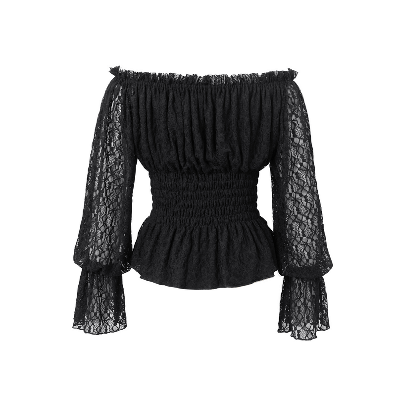 Stylish gothic off-shoulder black lace top with strappy sleeves and elastic waist for women.