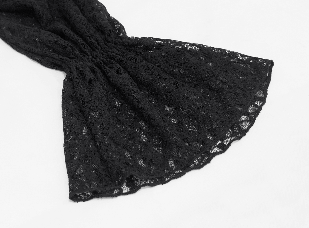 Black lace detail of a gothic off-shoulder top showcasing elegant strappy sleeves and vintage charm.