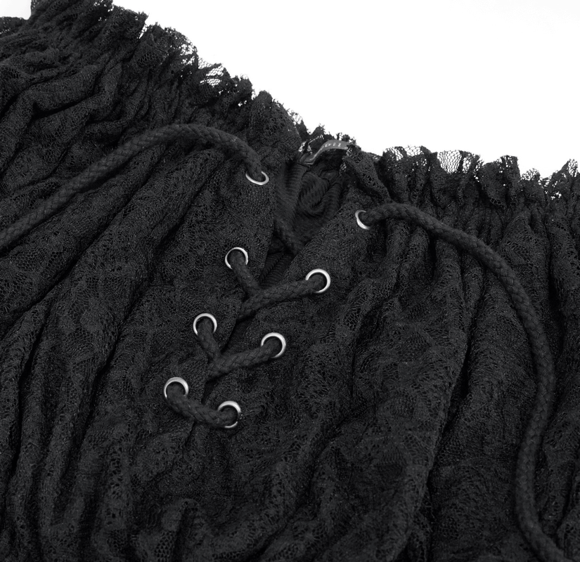 Close-up of the Gothic off-shoulder black lace top showcasing strappy details and lace texture.