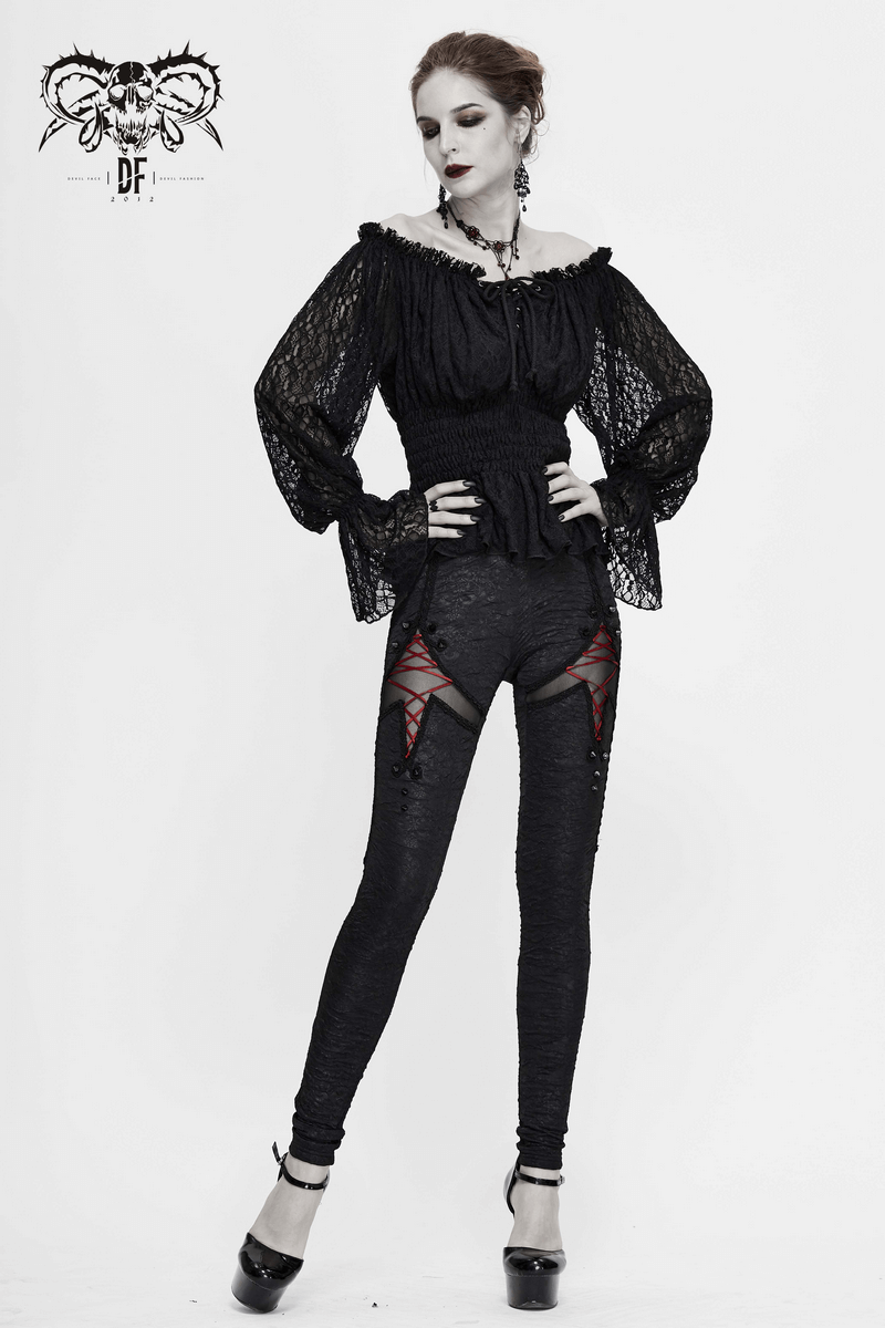 Gothic off-shoulder black lace top with strappy sleeves, paired with stylish black leggings, showcasing a vintage look.