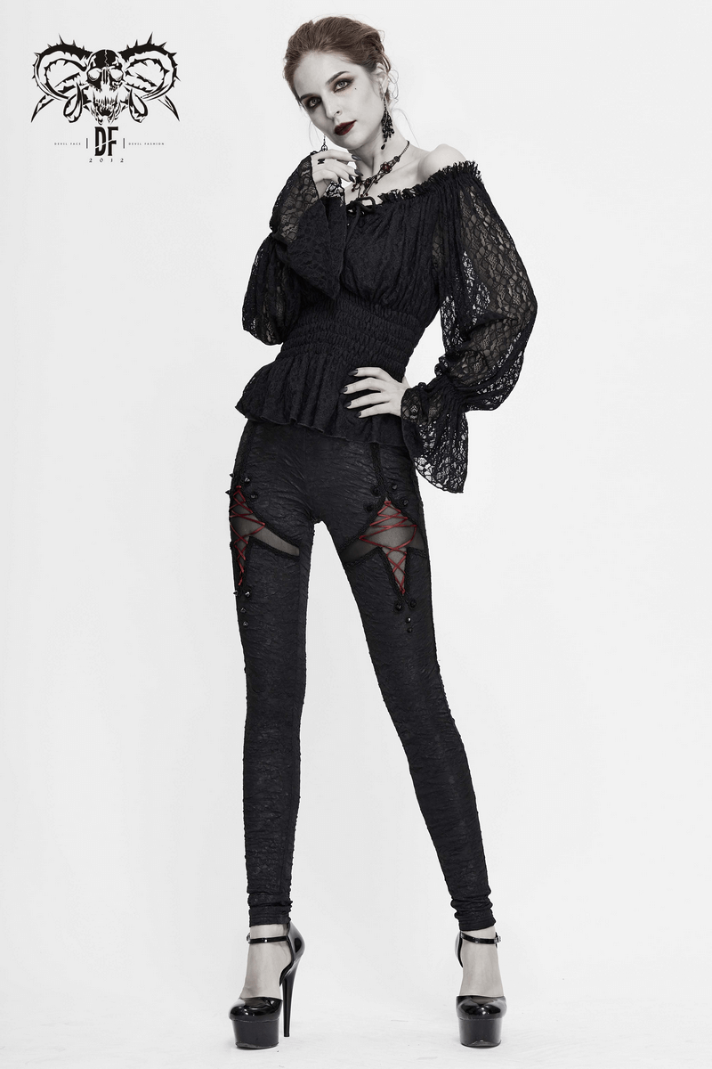 Gothic off-shoulder black lace top with strappy sleeves, paired with stylish spider web leggings for women.