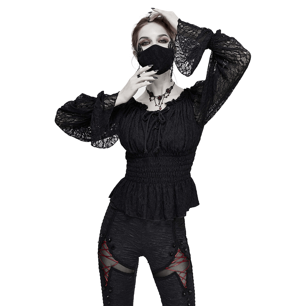 Gothic Off-shoulder Strappy Lace Sleeves Tops / Elastic Waist Black Top for Women - HARD'N'HEAVY