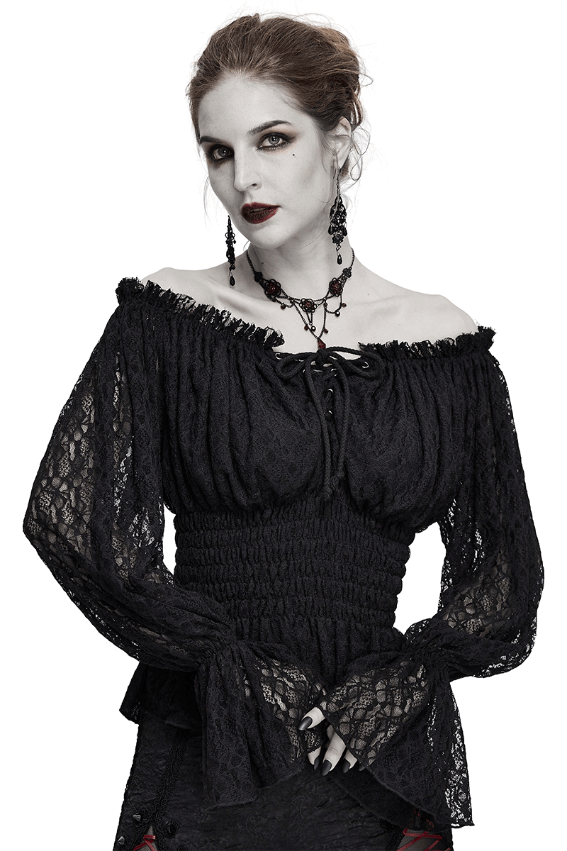 Gothic Off-shoulder Strappy Lace Sleeves Tops / Elastic Waist Black Top for Women - HARD'N'HEAVY