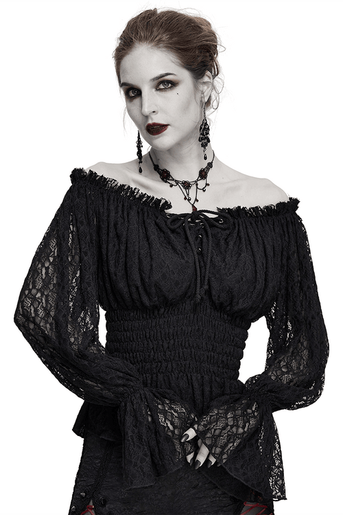 Gothic Off-shoulder Strappy Lace Sleeves Tops / Elastic Waist Black Top for Women