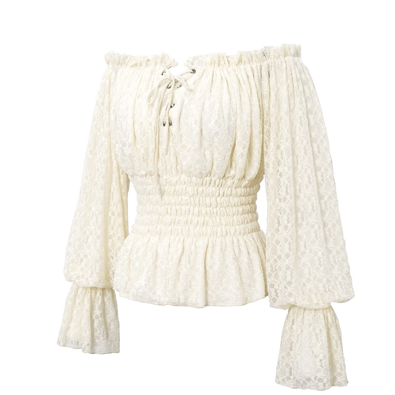 Gothic off-shoulder beige lace top with strappy design and bell sleeves, perfect for vintage style wardrobes.