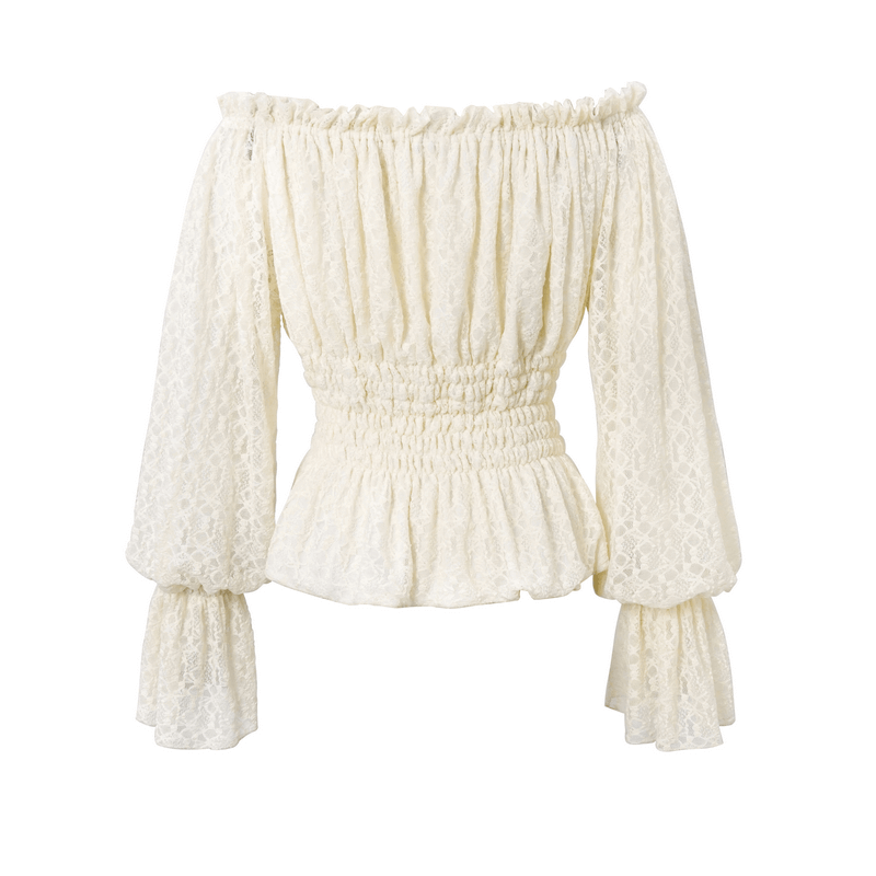 Gothic off-shoulder beige lace top with strappy design and bell sleeves for a vintage look.