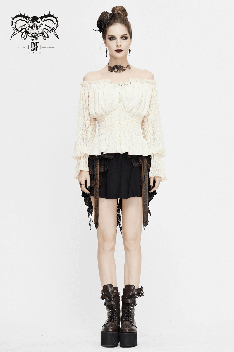 Gothic off-shoulder lace top with strappy sleeves and vintage cut, perfect for a chic gothic wardrobe.