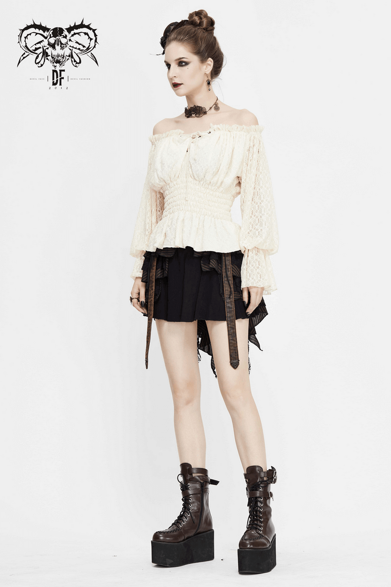 Gothic off-shoulder lace top in beige paired with stylish skirt and platform boots, perfect for a vintage wardrobe.