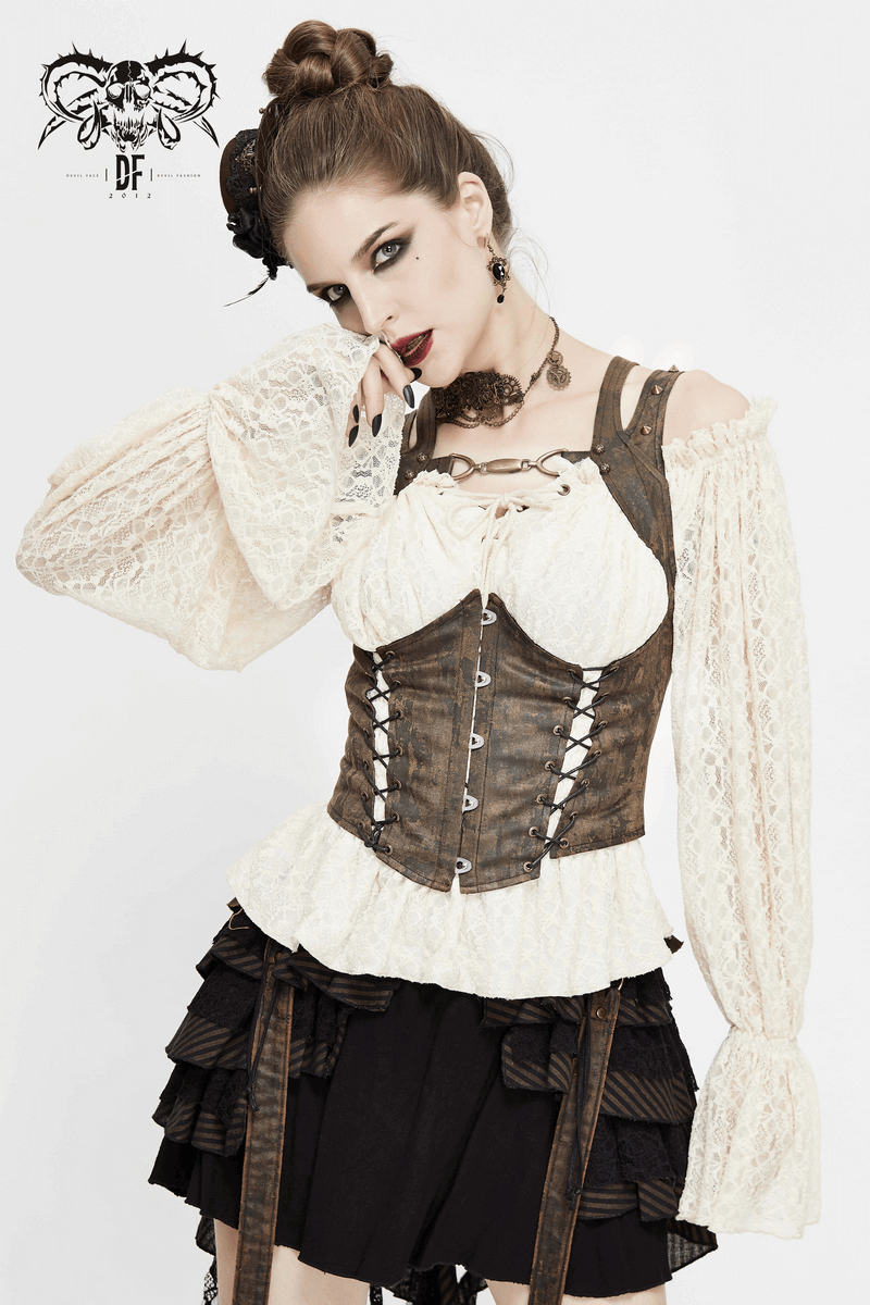 Gothic off-shoulder lace top with strappy design, perfect for a vintage-inspired gothic wardrobe.