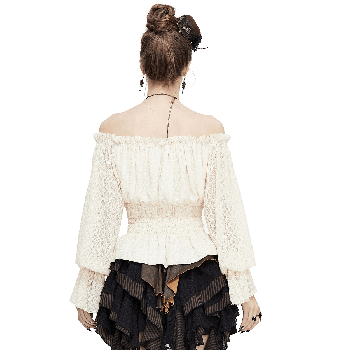 Gothic Off-shoulder Strappy Lace Sleeves Tops / Women's Lace-Up Beige Top - HARD'N'HEAVY