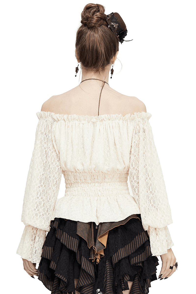 Back view of a women's gothic off-shoulder lace top with strappy sleeves, featuring a vintage design in beige.