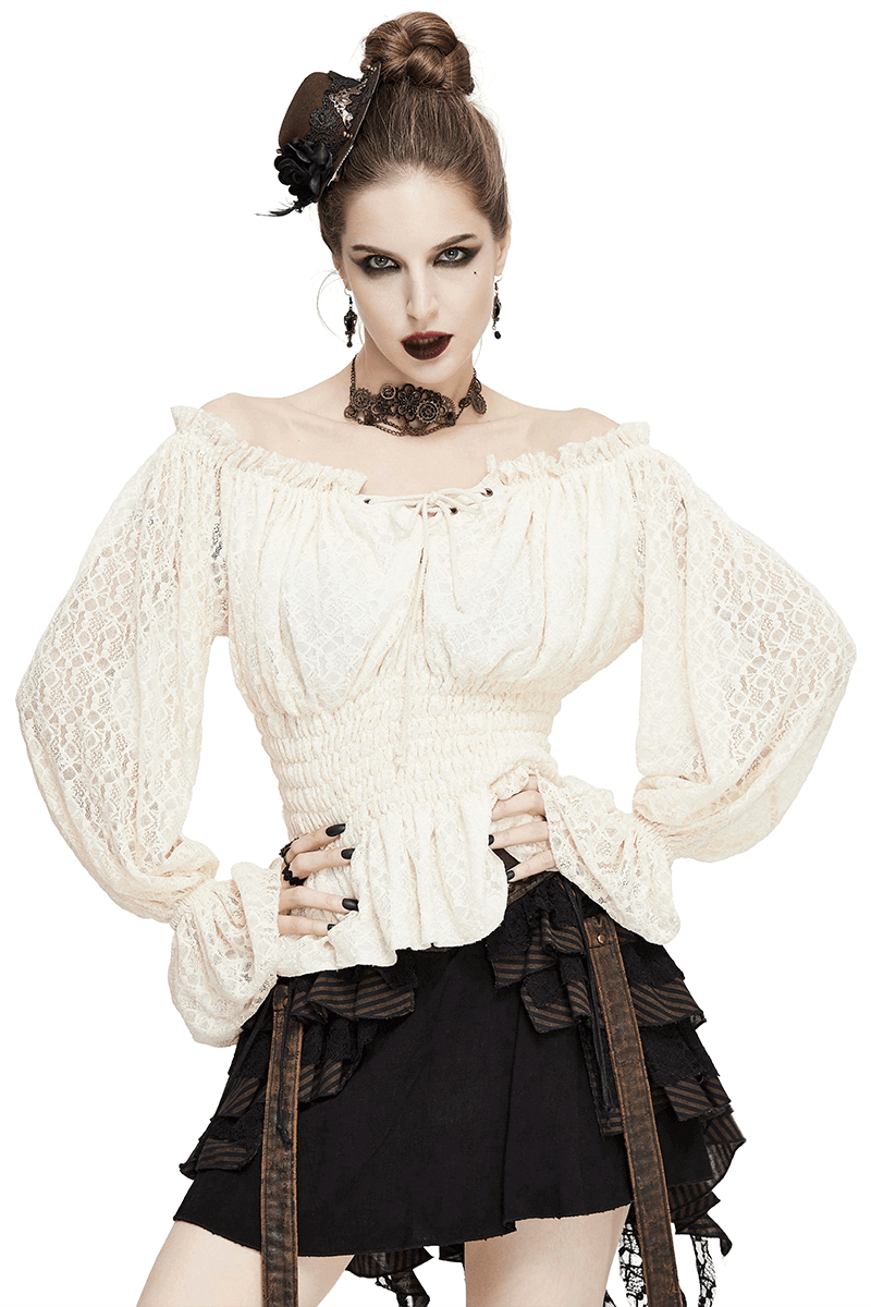 Gothic off-shoulder white lace top with strappy sleeves for women, perfect for vintage style fashion.