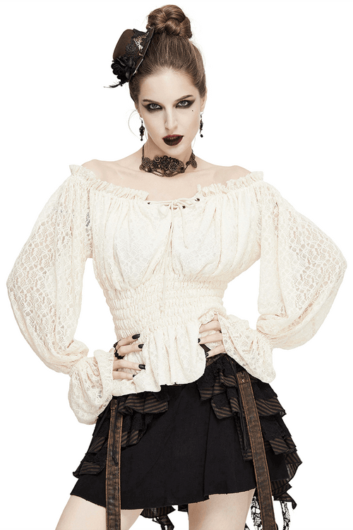 Hauts gothiques à manches en dentelle à bretelles et épaules dénudées / Haut beige à lacets pour femmes 