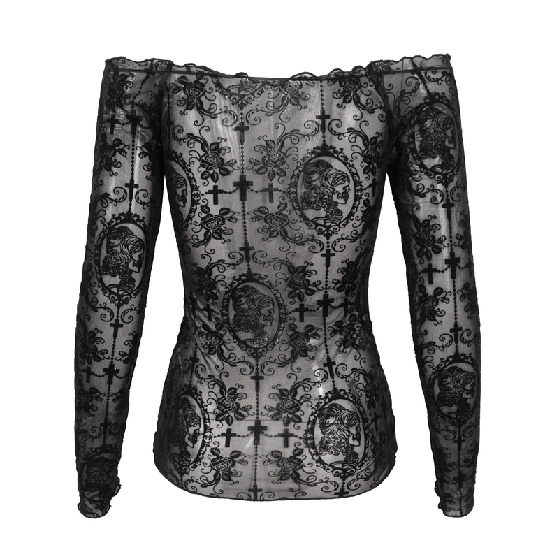 Gothic Off Shoulders Top with Drawstring on Front / Sexy Long Sleeves Black Lace Top