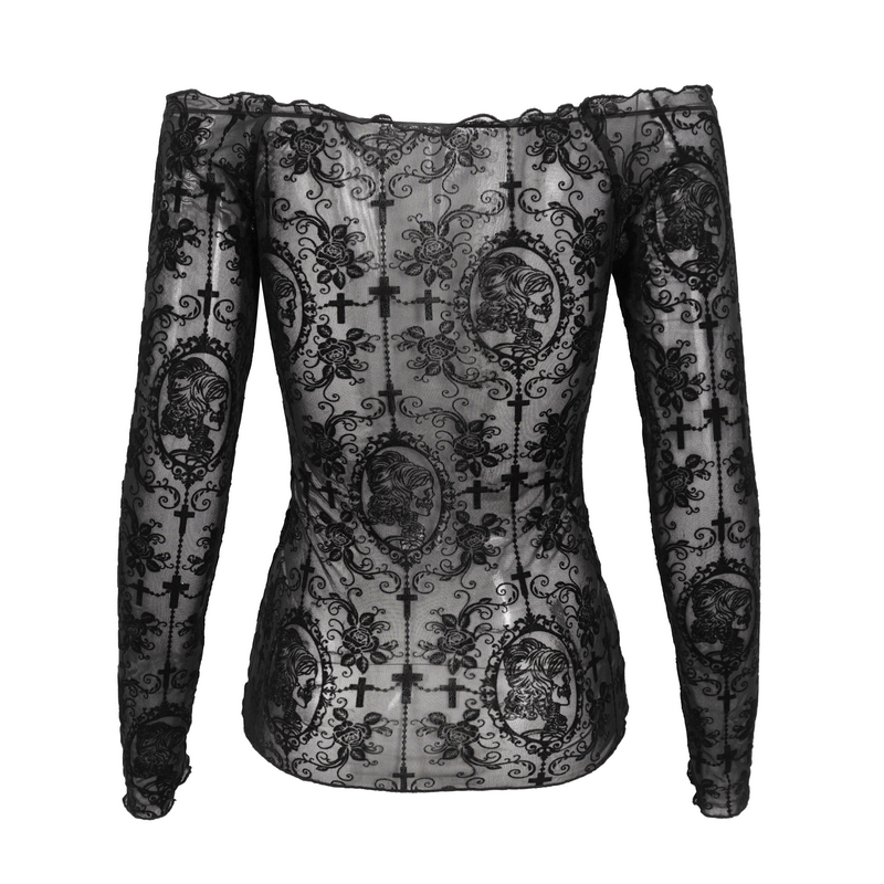 Back view of gothic black lace top with off-shoulder design and intricate skull patterns.