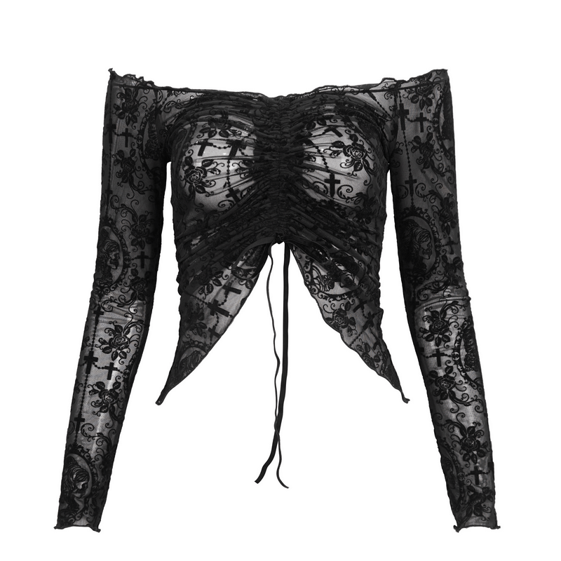 Stylish black gothic off-shoulder top with long sleeves and drawstring front detail, perfect for your edgy wardrobe.