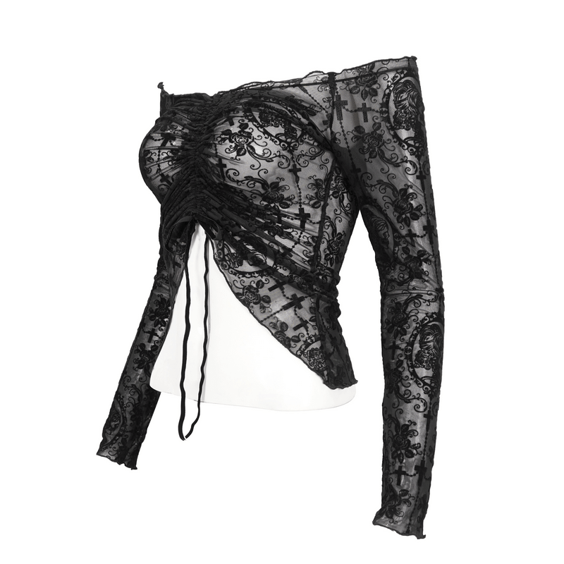 Gothic off-shoulder black lace top with drawstring front and long sleeves for a stylish look.