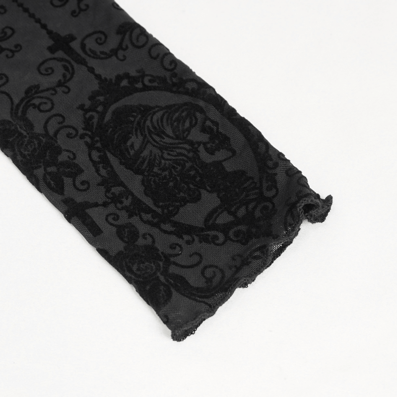 Elegant black lace fabric featuring gothic skull and floral designs, perfect for enhancing gothic fashion.