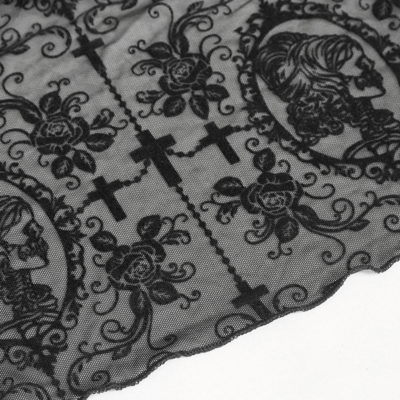 Intricate black lace fabric with floral patterns and gothic cross designs, perfect for edgy fashion.