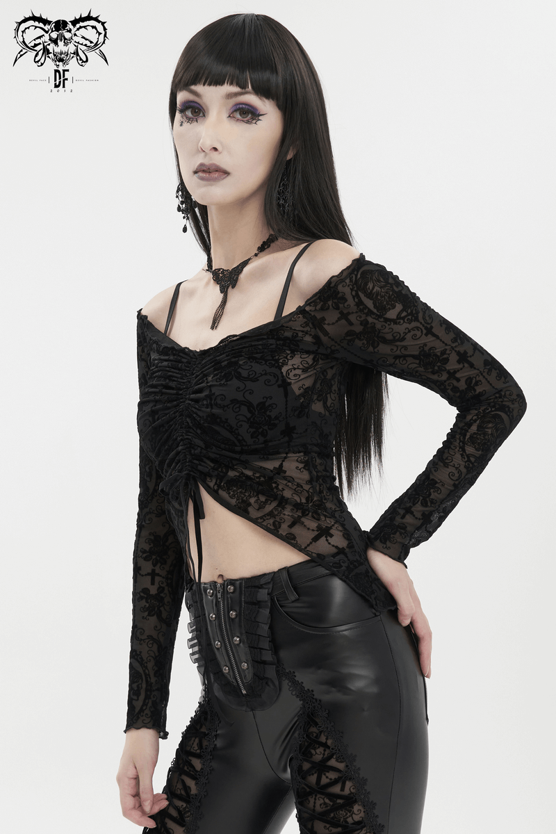 Gothic black off-shoulder top with drawstring front and long lace sleeves, perfect for your unique style.