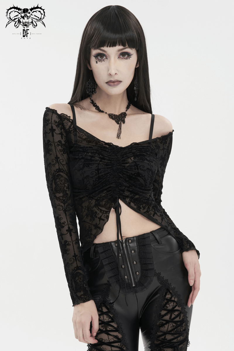 Gothic black off-shoulder top with drawstring front and sexy long sleeves, perfect for a stylish gothic wardrobe.